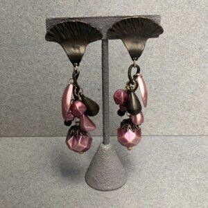 Seashell Clip-On Dangle Earrings 3 In Purple Black Fan Bead Funky Retro Beach